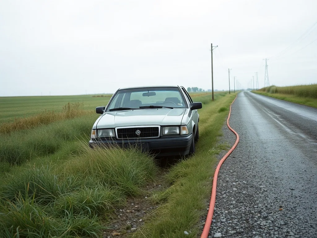 A plain sedan sitting nose down in a wet grass ditch beside a gravel country road, a recovery line running out of frame toward the road.