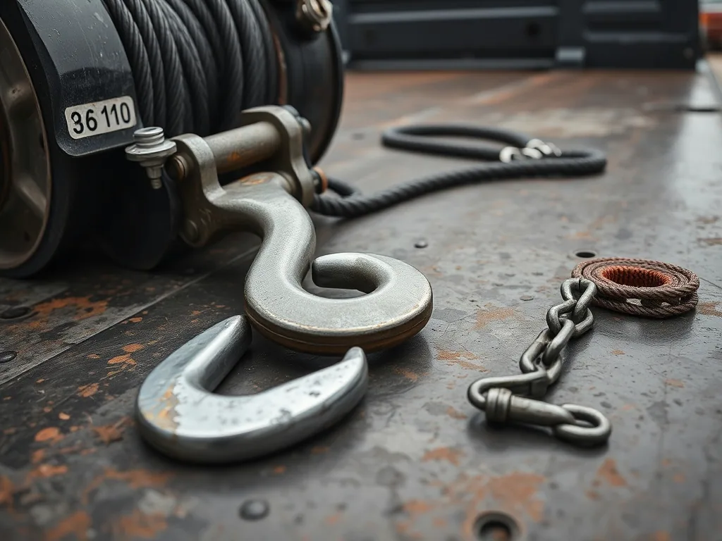 A heavy steel tow hook and a coiled winch cable lying on the scuffed steel deck of a flatbed, a chain and a strap beside them.