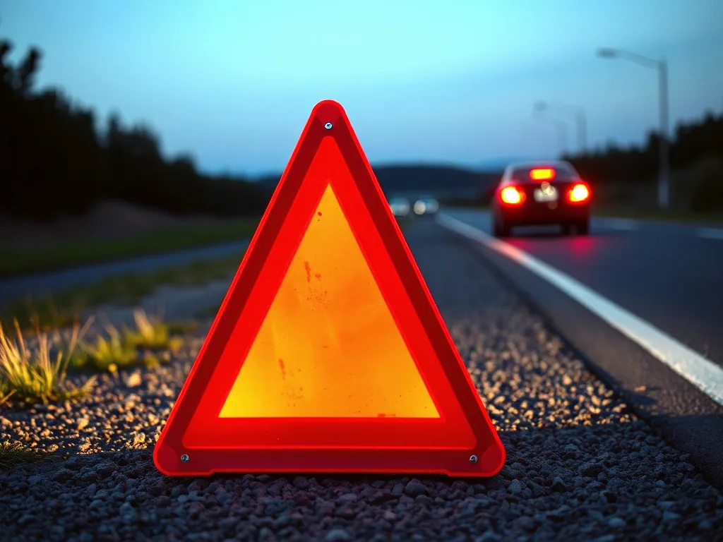 A reflective warning triangle standing on the gravel shoulder at dusk with a stopped car some way behind it, hazard lights on.